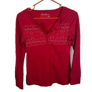 Eddie Bauer SM Red Thermal Top Blouse Shirt Waffle Snowflake Nordic Small S